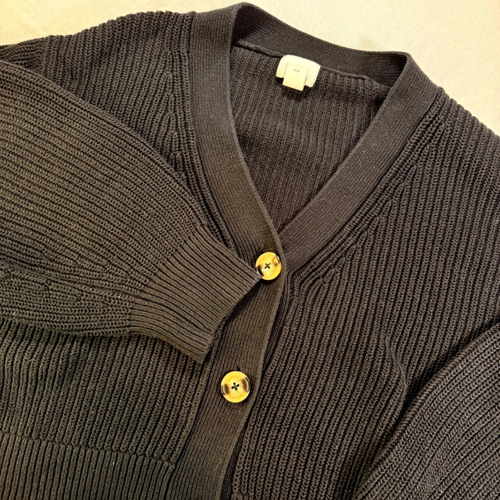 H&M Cardigan Chunky Sweater Women S Black Ribbed V-Neck Button Front Oversized